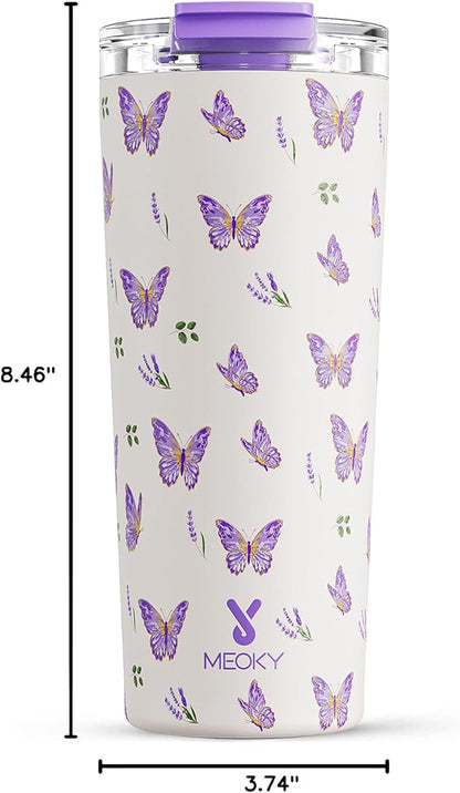 Meoky 24 oz Travel Coffee Mug with Leak-proof Lid, Stainless Steel Insulated Coffee Tumbler, Keeps Hot for 8 Hours or Cold for 24 Hours, Fits in Car Cup Holder (Butterfly)