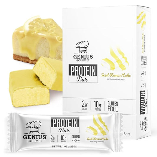 Genius Gourmet Protein Bar, Iced Lemon Cake, Keto Snack, Low Carb, Low Sugar & Gluten Free, Protein Snacks for Adults, 10G of Whey Protein per Protein Bar, 5 Net Carbs, 20 Count