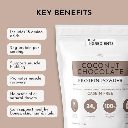 JUST INGREDIENTS Coconut Chocolate Protein Powder – 30-Serving Blend with 100% Grass-Fed Whey & Organic Plant Proteins – Creamy Coconut Cocoa Flavor – Supports Muscle Recovery, Energy*
