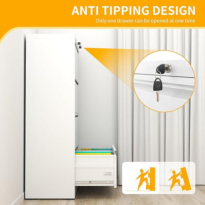 File Cabinet with Lock, 4 Drawer Lateral Filing Cabinet for Home Office, White Metal Heavy Duty File Cabinets for Hanging Letter/Legal/F4/A4 Size Files, Assembly Required