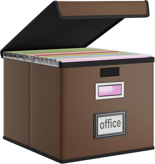 Huolewa Faux Leather File Organizer Box with Lid, Collapsible Hanging File Folder Box Organizer with Plastic Slides, Decorative Home/Office Filing Boxes for File and Folder Storage - Dark Brown