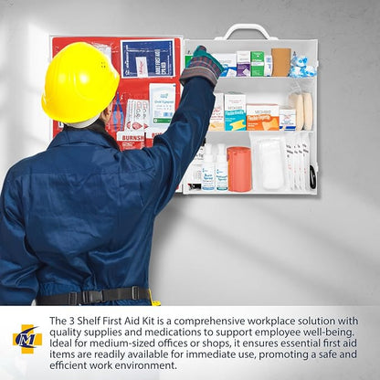MFASCO OSHA/ANSI 2021 Class B Compliant First Aid Cabinet - Large 3-Shelf Wall Mount Kit for Office, Commercial Businesses - Complete Metal First Aid Box with Supplies - No Medications