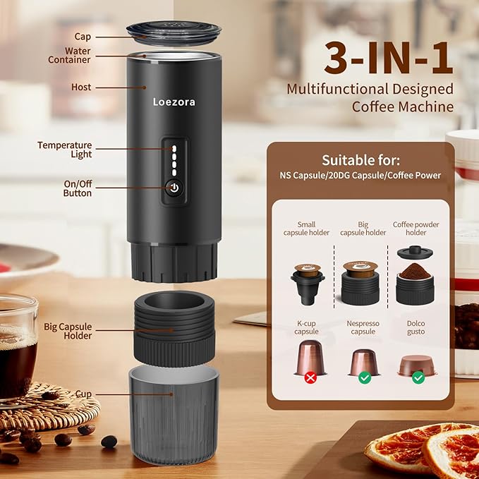Leozora 20Bar Portable Espresso Maker, 7500mAh USB-C Rechargeable, 3-in-1 for Ground Coffee & Nespresso/DG Capsules, Stainless Steel Travel Coffee Machine for Camping, Car, Office,Black