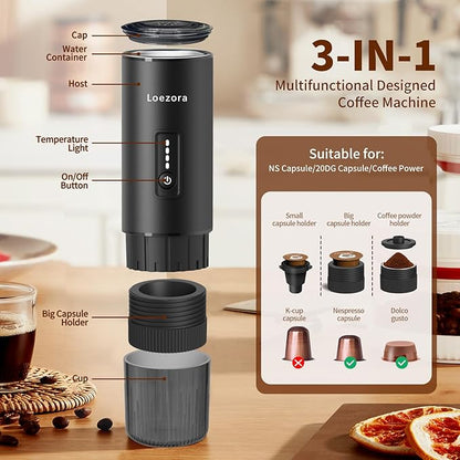 Leozora 20Bar Portable Espresso Maker, 7500mAh USB-C Rechargeable, 3-in-1 for Ground Coffee & Nespresso/DG Capsules, Stainless Steel Travel Coffee Machine for Camping, Car, Office,Black