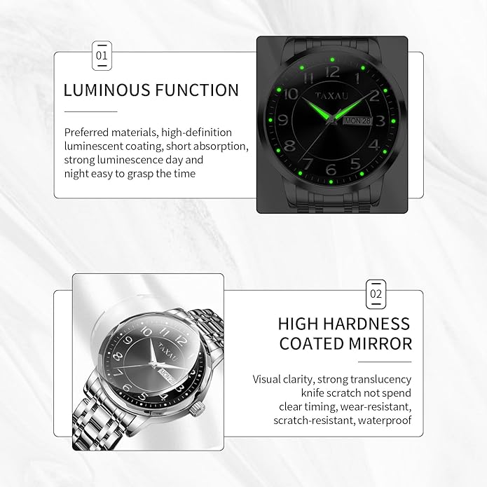 Stainless Steel Mens Watches with Day Date Quartz Analog Large Face Classic Watch Arabic Numerals Dress Luminous Rlojes para Hombres