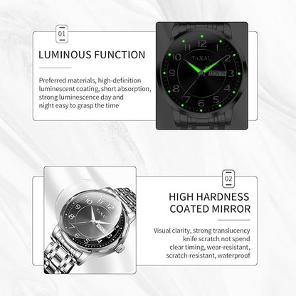 Stainless Steel Mens Watches with Day Date Quartz Analog Large Face Classic Watch Arabic Numerals Dress Luminous Rlojes para Hombres