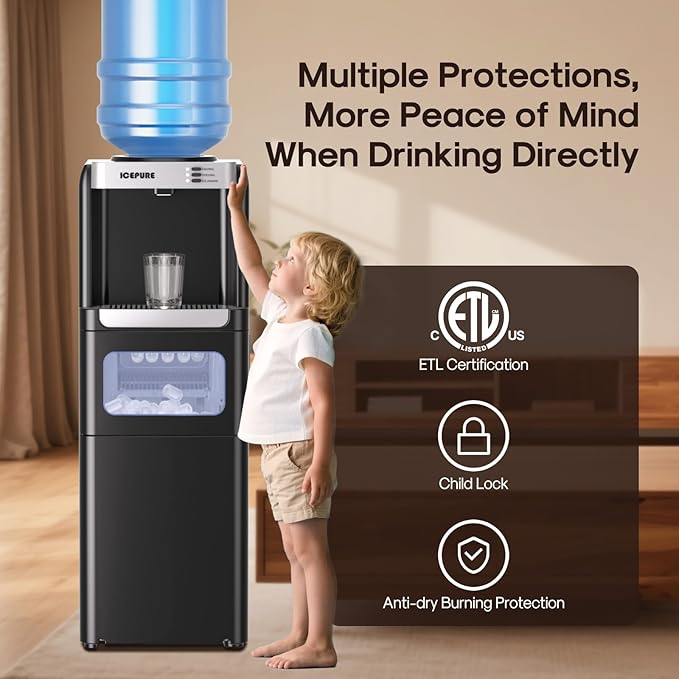 ICEPURE 3-in-1 Water Dispenser with Built-in Ice Maker, Water Cooler Dispenser for 5 Gallon Bottle Top Loading, Hot and Cold Water Dispenser with Child Lock for Home and Office, 33lbs/24H