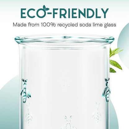 Amici Home Regina DOF Glass | 12 Oz | Italian Made, Recycled Green Glass | Drinking Glass with Embossed Bee Design for Water, Juice, Iced Tea, Cocktails (Set of 6)