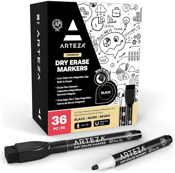 ARTEZA Black Dry Erase Markers with Erasers – Pack of 36 Magnetic Fine Tip Whiteboard Pens with Low-Odor Ink for School, Office & Home Use