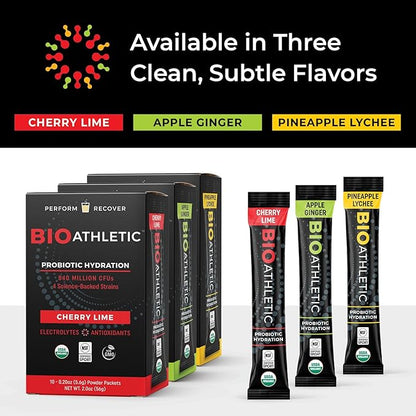 Probiotic + Electrolyte Hydration Drink Mix, with Vitamins D & B12, USDA Organic, NSF Certified for Sport, Subtle Pineapple Lychee Flavor, Naturally Light Taste, 10 Sticks