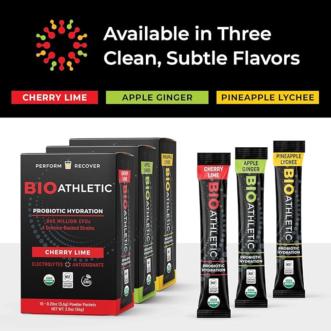 Probiotic + Electrolyte Hydration Drink Mix, with Vitamins D & B12, USDA Organic, NSF Certified for Sport, Subtle Cherry Lime Flavor, Naturally Light Taste, 10 Sticks