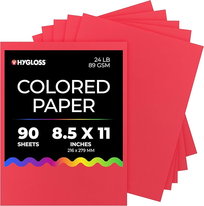 Hygloss Red Colored Paper - 24 lb, 89 GSM, Fade-Resistant, Acid-Free, 8.5x11-Inch Letter Size Color Copy Paper, 90 Sheets