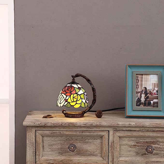 Bieye L10036 Rose Tiffany Style Stained Glass Table Lamp with 6-inch Wide Lampshade Hanging on The Cast Iron Base (Pink)