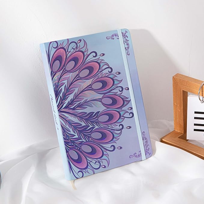 TIEFOSSI A5 Journal Notebook-College Lined Ruled Hardcover Journals for Writing Women-100gsm Thick Paper 224 Numbered Pages-Peacock Feather Embossed Journal-Daily Journal for Writing