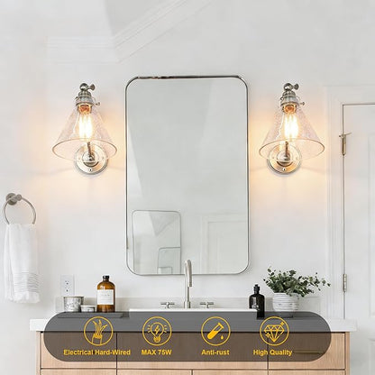 Industrial Vintage Slope Pole Wall Mount Single Sconce with Funnel Flared Clear Glass Shade, Swing Arm Wall Sconce Light Lamp Fixture Hardwired