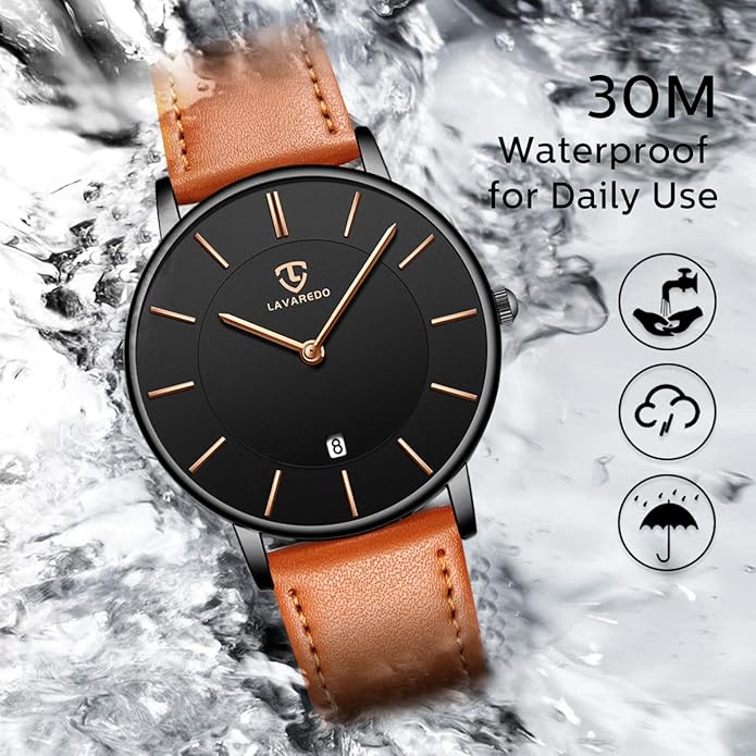 L LAVAREDO Watch for Men, Extremely Thin Mens Watches Minimalist Analog Men's Leather Wrist Watches with Time/Date, Birthday Gift for Men Boyfriend