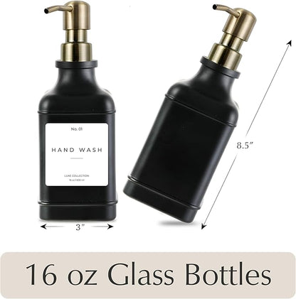 Emerson Essentials Soap Dispenser, Dish Soap Dispenser, Soap Bottle Bathroom Set, Hand Soap Farmhouse Home, Kitchen Soap Dispenser Set - Glass Soap Dispenser with Pump and Labels, 16 Oz, 2 Set