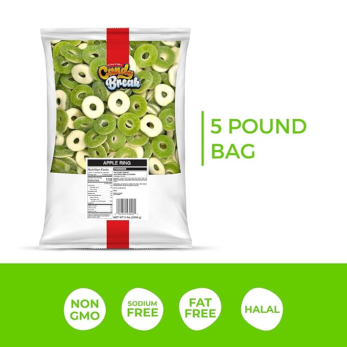 Candy Break Fruity Sweet Apple Rings Bulk Gummy Candy, 5 lbs Bag, Share Size Bags - Sweet & Chewy Snacks for Kids & Grown Ups, Party Size (Pack of 1)