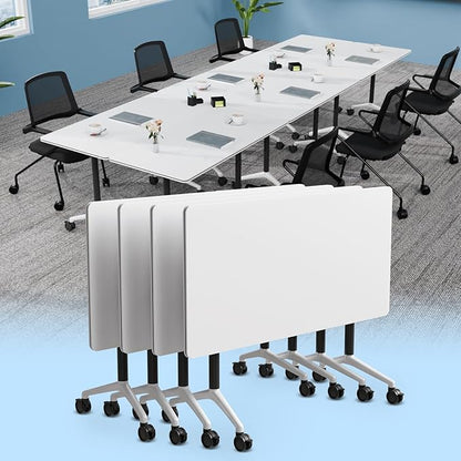 Conference Table, Foldable Conference Room Tables with Silent Wheels, Folding Modular Seminar Meeting Tables, Modern Rectangle Training Table for Office, Boardroom (4, White2, 55.1)