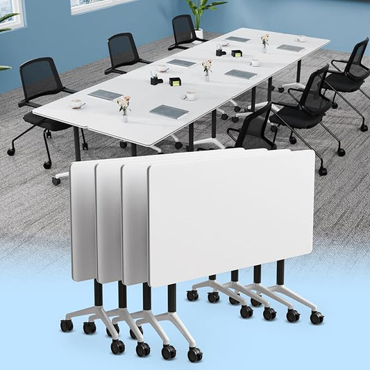 Conference Table, Foldable Conference Room Tables with Silent Wheels, Folding Modular Seminar Meeting Tables, Modern Rectangle Training Table for Office, Boardroom (4, White2, 55.1)