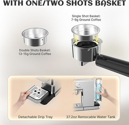 Espresso Machine with Steam Milk Frother, 20 Bar Professional Espresso Coffee Maker for Latte & Cappuccino, 1-Touch Control, Stainless Steel Housing, Removable Water Tank & Drip Tray
