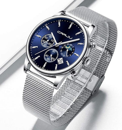 CRRJU Men's Fashion Casual Watches Auto Date Chronograph Watch Men Nice Work Watches Waterproof 30M Full Steel Quartz with Mesh Strap