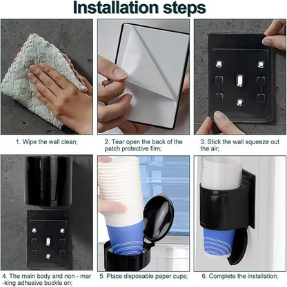 Cup Dispenser, Water Cooler Pull Type Cup Holder Fits 5oz - 7oz Cone or Flat Bottom Cups, Paste or Screw Plate Wall Mount, 15" Tube Length Black
