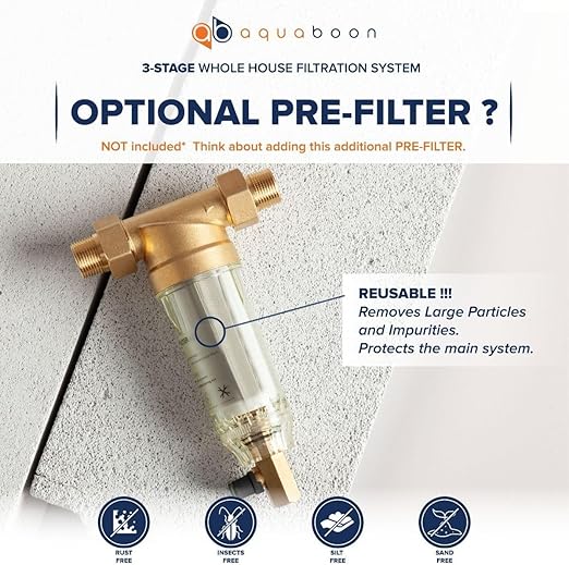 Aquaboon 3 Stage Whole House Water Filter System with 20" Water Filters Cartridges: Sediment, GAC, CTO | w/Wrench, Pressure Gauges & Buttons, Bracket