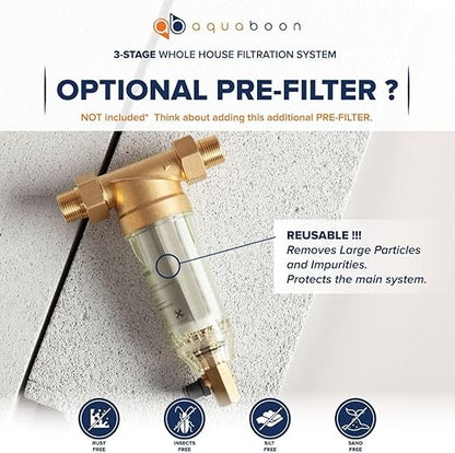 Aquaboon 3 Stage Whole House Water Filter System with 20" Water Filters Cartridges: Sediment, GAC, CTO | w/Wrench, Pressure Gauges & Buttons, Bracket
