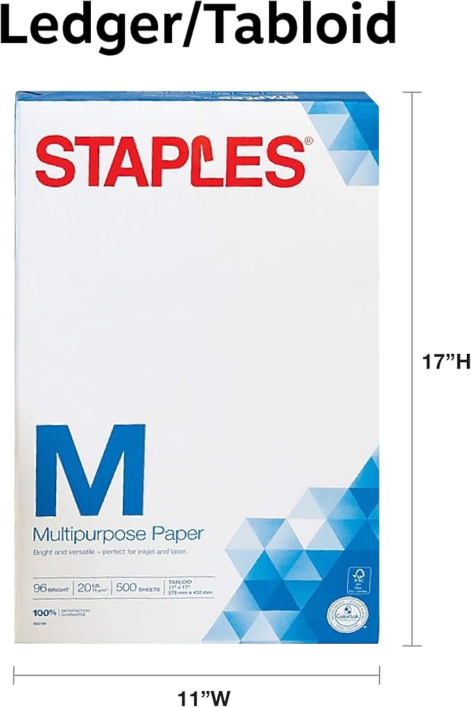 Staples Inkjet Paper – 11” x 17” Multipurpose Paper, 1 Carton of 5 Reams for 2,500 Total Sheets, 20 lbs, 96 Bright Paper – FSC and Rainforest Alliance Certified, Acid-Free