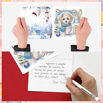 8pcs Diamond Painting Greeting Cards- Christmas Puppy & Halloween Kitten Cards for Blessings and Wishes, Special Shape Crystal Partial, Paper Material, DIY Gifts for Christmas Day Halloween