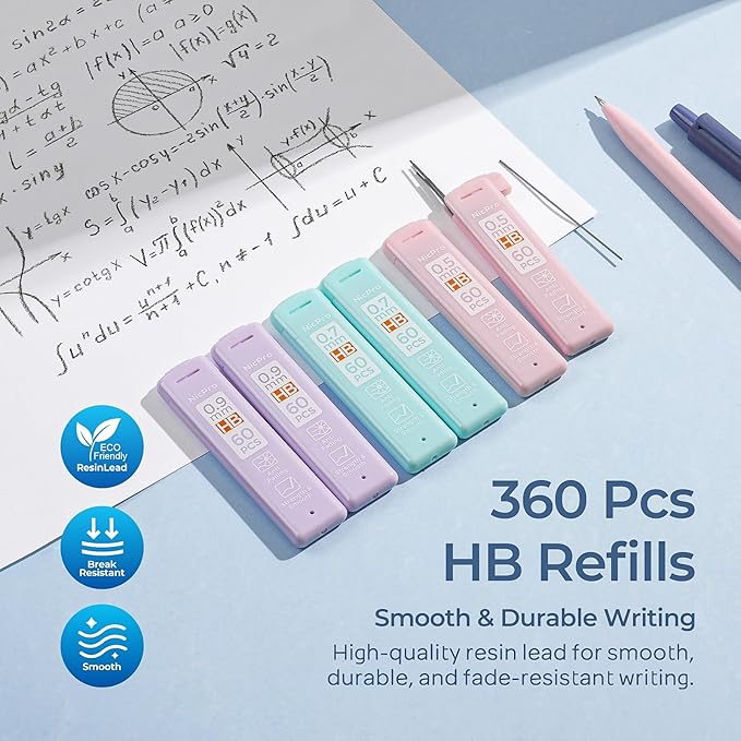 Nicpro 6PCS Pastel Mechanical Pencil Set with Case, Cute Drafting Pencils 0.5 mm & 0.7 mm & 0.9 mm with 6 Tubes HB Lead Refills, Erasers, Eraser Refills, Aesthetic School Supplies for Girls Writing