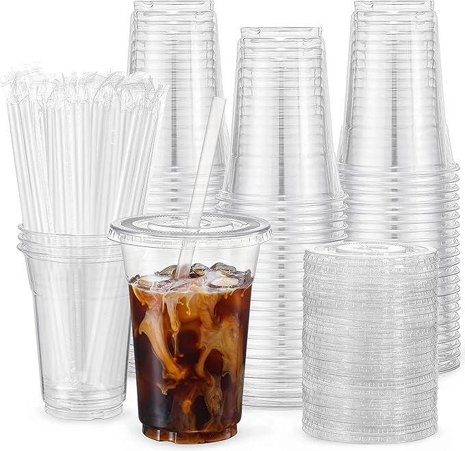 VITEVER [100 Sets - 24oz] Plastic Cups with Lids and Straws, Disposable Cups for Iced Coffee, Smoothie, Milkshake, Cold Drinks - Clear