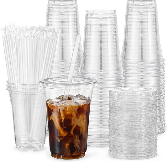 VITEVER [100 Sets - 24oz] Plastic Cups with Lids and Straws, Disposable Cups for Iced Coffee, Smoothie, Milkshake, Cold Drinks - Clear