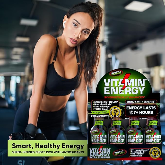 Vitamin Energy Workout+ Extra Strength Energy Shot Sour Apple 48 Pack, 260mg Natural Caffeine, Pre-Workout, B-Vitamins, Minerals, Endurance & Performance, Zero Sugar, Gluten-Free, Vegan, 1.93 fl oz
