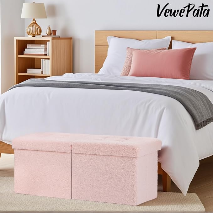 Folding Ottoman Bench with Storage - 34Inches Teddy Velvet Foot Stool Ottoman Bench, Padded Seat, Storage Chest, Blanket Store for Entryway, Livingroom and Bedroom, Pink (34" D x 13" W x 13" H)