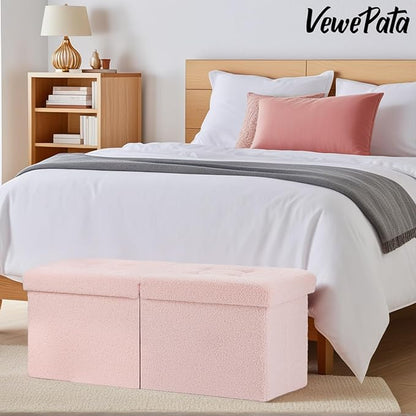Folding Ottoman Bench with Storage - 34Inches Teddy Velvet Foot Stool Ottoman Bench, Padded Seat, Storage Chest, Blanket Store for Entryway, Livingroom and Bedroom, Pink (34" D x 13" W x 13" H)