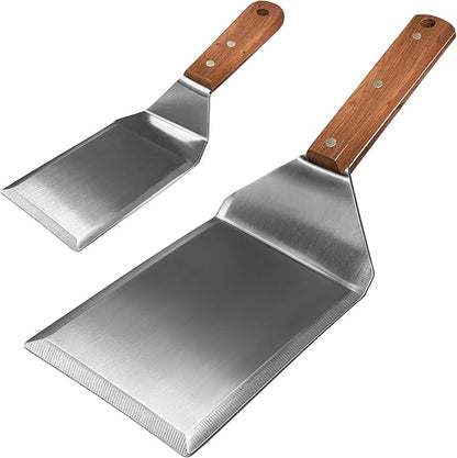 Wooden Steel Barbecue Grill Tool, Griddle Accessories for Blackstone, Multi Kitchen Flippers with Full Tang Handle & Beveled Edges, Spatula/Turner/Scraper for Flat Top Grill- Thicker Steel Blade