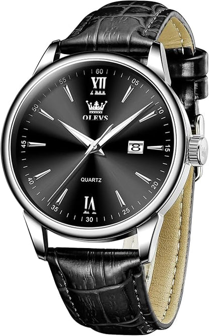 OLEVS Mens Watches, Dress Waterproof Classic Analog Casual Luxury Wrist Watch for Men with Date, Easy to Read Relojes para Hombres Male Quartz Wristwatch with Brown Black Leather Band Blue Black Dial