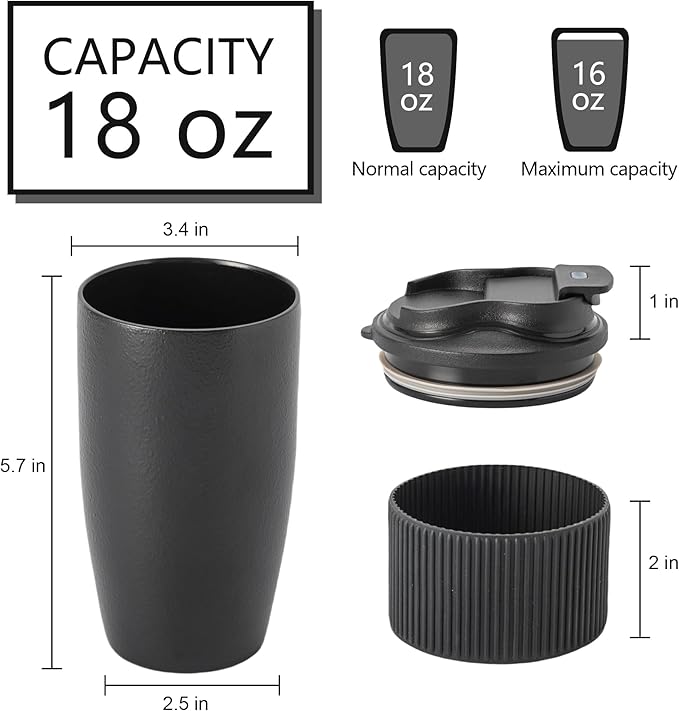 Ceramic Travel Coffee Mug with Polypropylene Lid and Insulated Sleeve, 16 oz, Portable Coffee Cup for Car Cup Holder, Black Matt Finish Mug, Microwave and Dishwasher Safe(Black)