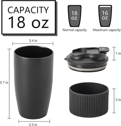 Ceramic Travel Coffee Mug with Polypropylene Lid and Insulated Sleeve, 16 oz, Portable Coffee Cup for Car Cup Holder, Black Matt Finish Mug, Microwave and Dishwasher Safe(Black)