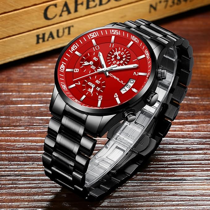 CRRJU Men's Fashion Stainless Steel Watches Date Waterproof Chronograph Wristwatches,Black Steel Band Waterproof Quartz Watch for Men