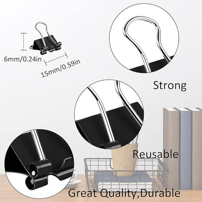 JANYUN Mini Binder Clips, 150Pcs15 mm /0.6 Inch Small Paper Clamps Metal Clips for Office School Home Supplies (Black)