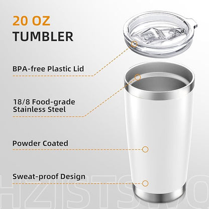 20 oz Tumbler Bulk with Lid Stainless Steel Insulated Tumblers Double Wall Vacuum Coffee Mug Powder Coated Tumbler Cups for Cold and Hot Drinks, White, 12 pack
