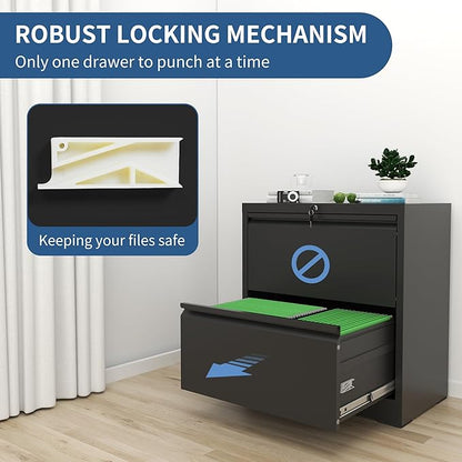 2 Drawer File Cabinet with Lock, Black Metal Lateral Filing Cabinets for Home Office, Heavy Duty Steel Horizontal Locking Storage Cabinet for Legal/Letter/A4 Size File, Assembly Require