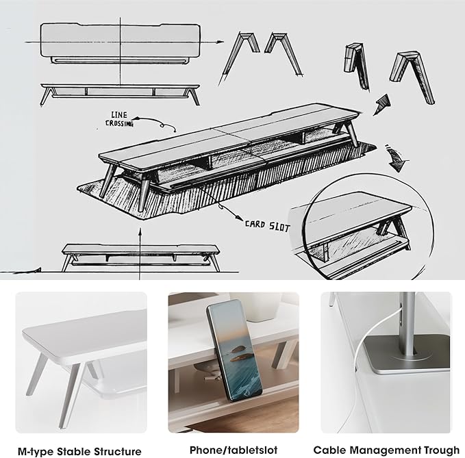 Fenge Dual Monitor Stand for Desk, 2 Tiers Monitor Riser with Acrylic Shelf, 42.5 Inch Wood and Aluminum Desk Shelf with Phone and Tablet Holder