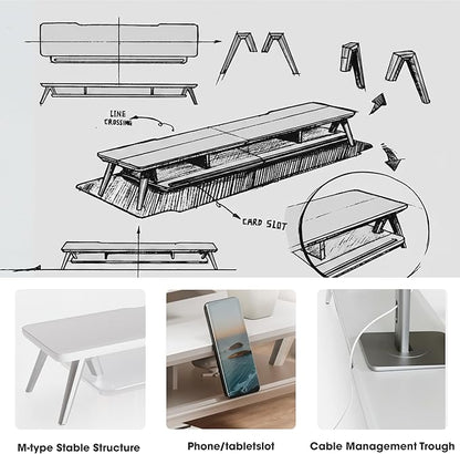 Fenge Dual Monitor Stand for Desk, 2 Tiers Monitor Riser with Acrylic Shelf, 42.5 Inch Wood and Aluminum Desk Shelf with Phone and Tablet Holder