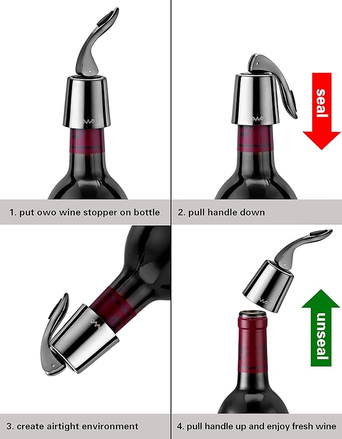 OWO Stainless Steel Wine Bottle Stopper, Reusable Wine Saver with Silicone Seal, Decorative Bottle Sealer, Keeps Fresh (Triple colors, 3 Pack)