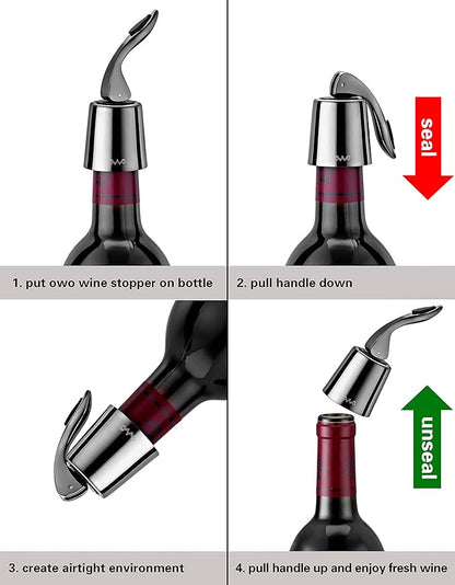OWO Stainless Steel Wine Bottle Stopper, Reusable Wine Saver with Silicone Seal, Decorative Bottle Sealer, Keeps Fresh (Triple colors, 3 Pack)