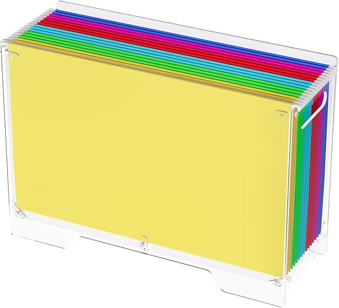 Clear Hanging File Folder Box - for Legal Size - Sturdy Vertical Acrylic Magazine Rack Desk File Organizer with Handle, Transparent Storage Bin for Office Classroom, Assembly Required